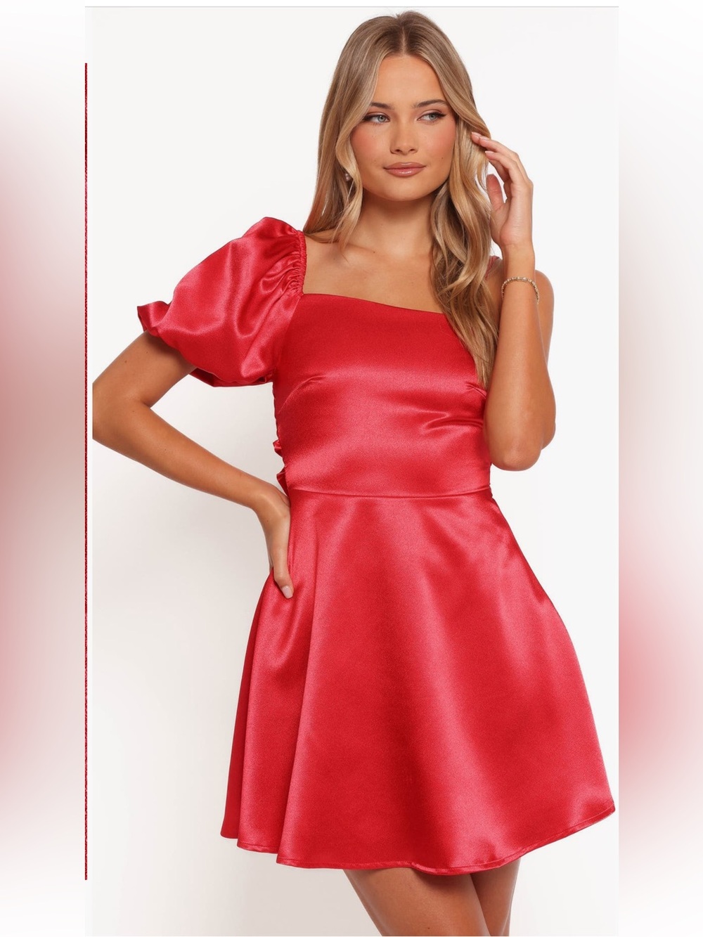 Petal & Pup Red Brexley Asymmetric Sleeve
Satin Minidress NWT